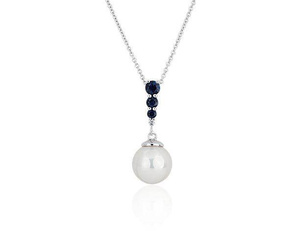 Akoya Pearl and Sapphire Pendant in 14k White Gold