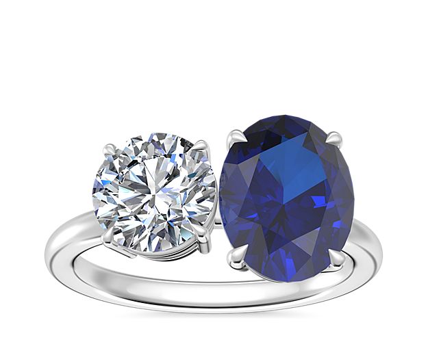 Two Stone Engagement Ring with Oval Sapphire in 14k White Gold (9x7mm)