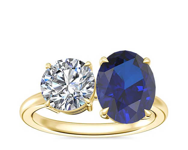 Two Stone Engagement Ring with Oval Sapphire in 14k Yellow Gold (9x7mm)