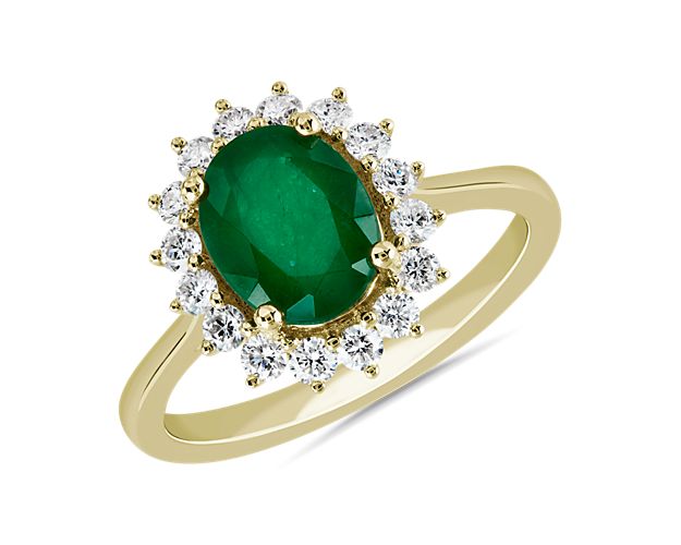 Oval Emerald and Diamond Sunburst Halo Ring 14k in Yellow Gold (9x7mm)