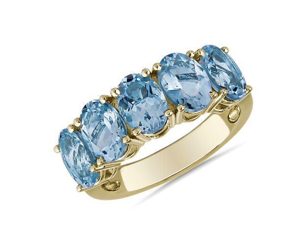 5-Stone Oval Aquamarine Ring in 14k Yellow Gold (7x5mm)
