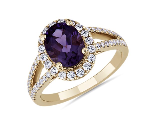 Opt for dramatic style as you slip on this stunning ring featuring an oval-cut amethyst featuring a rich purple hue. Accent diamonds surround it with a shimmering halo and trail beautifully along the split shanks.