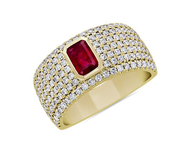 Emerald Cut Bezel Set Ruby Pavé Ring in 14k Yellow Gold (1 ct. tw.)