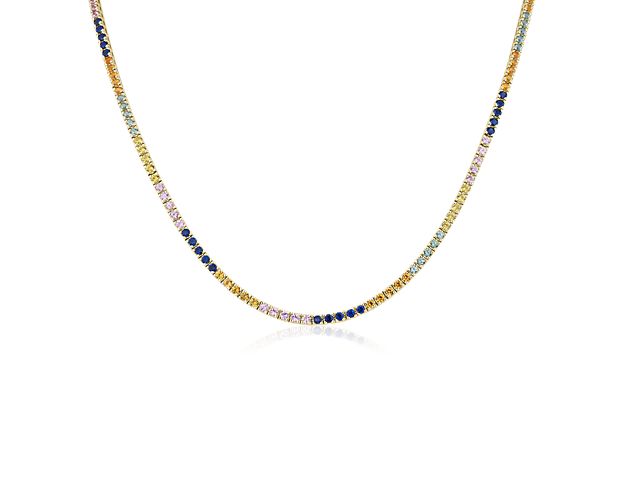 Multi-colored sapphires glitter endlessly along this classic eternity necklace featuring a 17.5'' length. It features richly lustrous 14k yellow gold design for lasting quality.