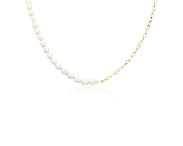 This beautiful necklace features a contrasting half-and-half look.  Wear it as a pearl strand, a paperclip chain or both - the choice is yours!