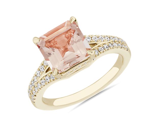 The dreamy light pink hue of the centre princess-cut morganite stone brings romantic allure to this ring. It is crafted from 14k yellow gold and features a graceful split shaft accented by sparkling diamond detail.