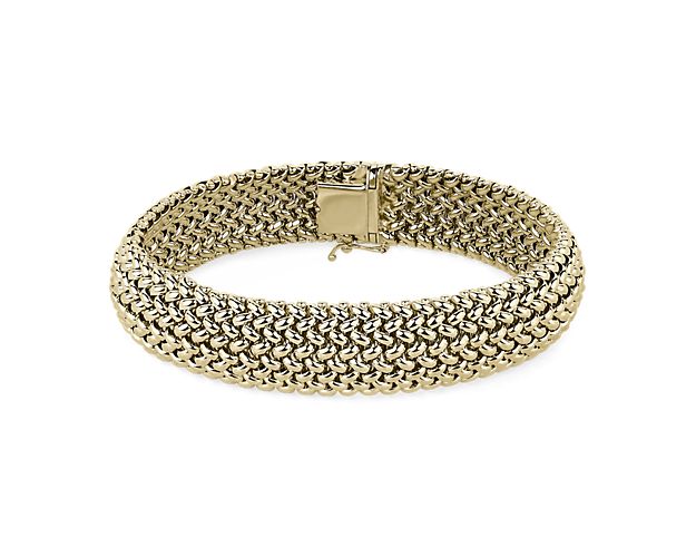 Opt for a look of simply sophisticated luxury as you adorn your wrist with this bracelet crafted from lustrous 14k yellow gold. The mesh design gives it beautiful texture and comfortable flexibility, while the clasp lets you secure it with ease.
