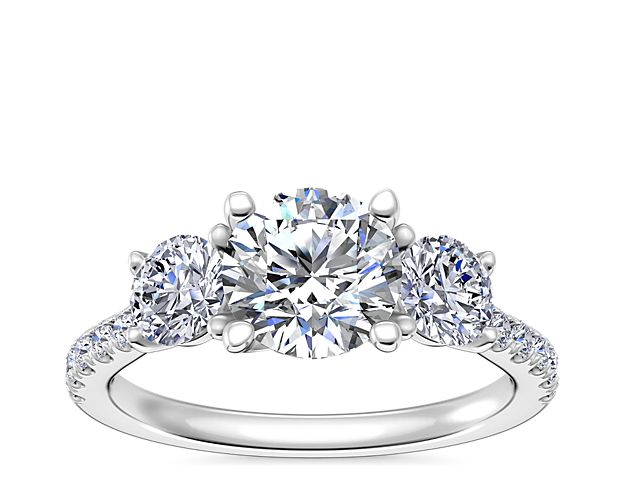 Modern Trellis Three Stone Diamond Engagement in 14k White Gold