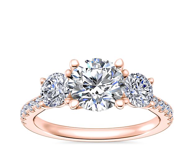 Modern Trellis Three Stone Diamond Engagement in 14k Rose Gold