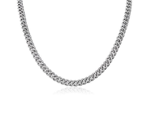 Brilliant diamonds are delicately inlaid in each link in this thick chain necklace. The cool and lustrous 14k white gold design gives it a luxurious look and lasting quality.