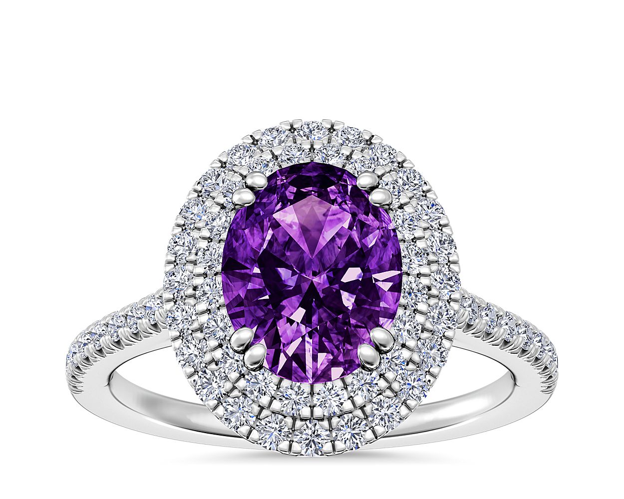 Micropavé Double Halo Diamond Engagement Ring With Oval Amethyst In 14k White Gold 9x7mm