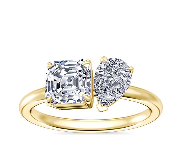 Two-Stone Engagement Ring With Pear Shaped and Asscher Diamond In 18k Yellow Gold