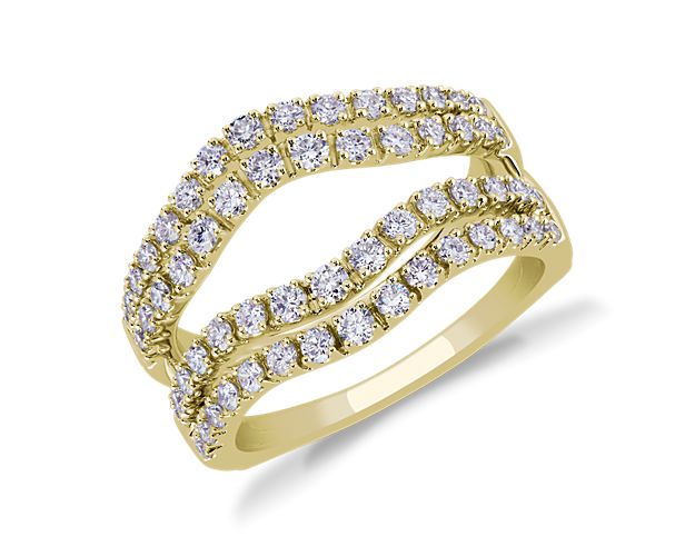 Shimmering pave-set diamonds lend brilliant shimmer along the dual-row design of this curved ring insert. It features luxurious 18k yellow gold design that promises lasting quality.