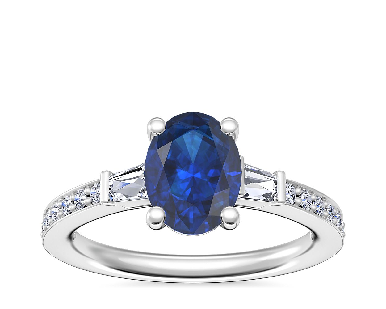 Tapered Baguette Diamond Cathedral Engagement Ring with Oval Sapphire ...