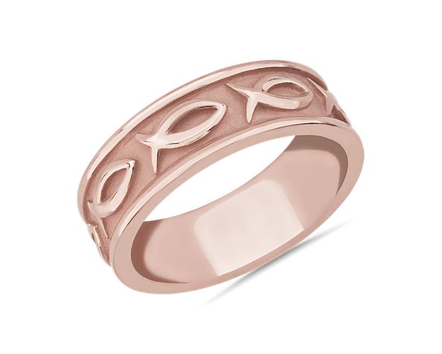 Bring faith and love together with this elegant wedding band designed with a never-ending pattern of Ichthys encircling it. The lustrous 14k rose gold design promises enduring quality and luxury.