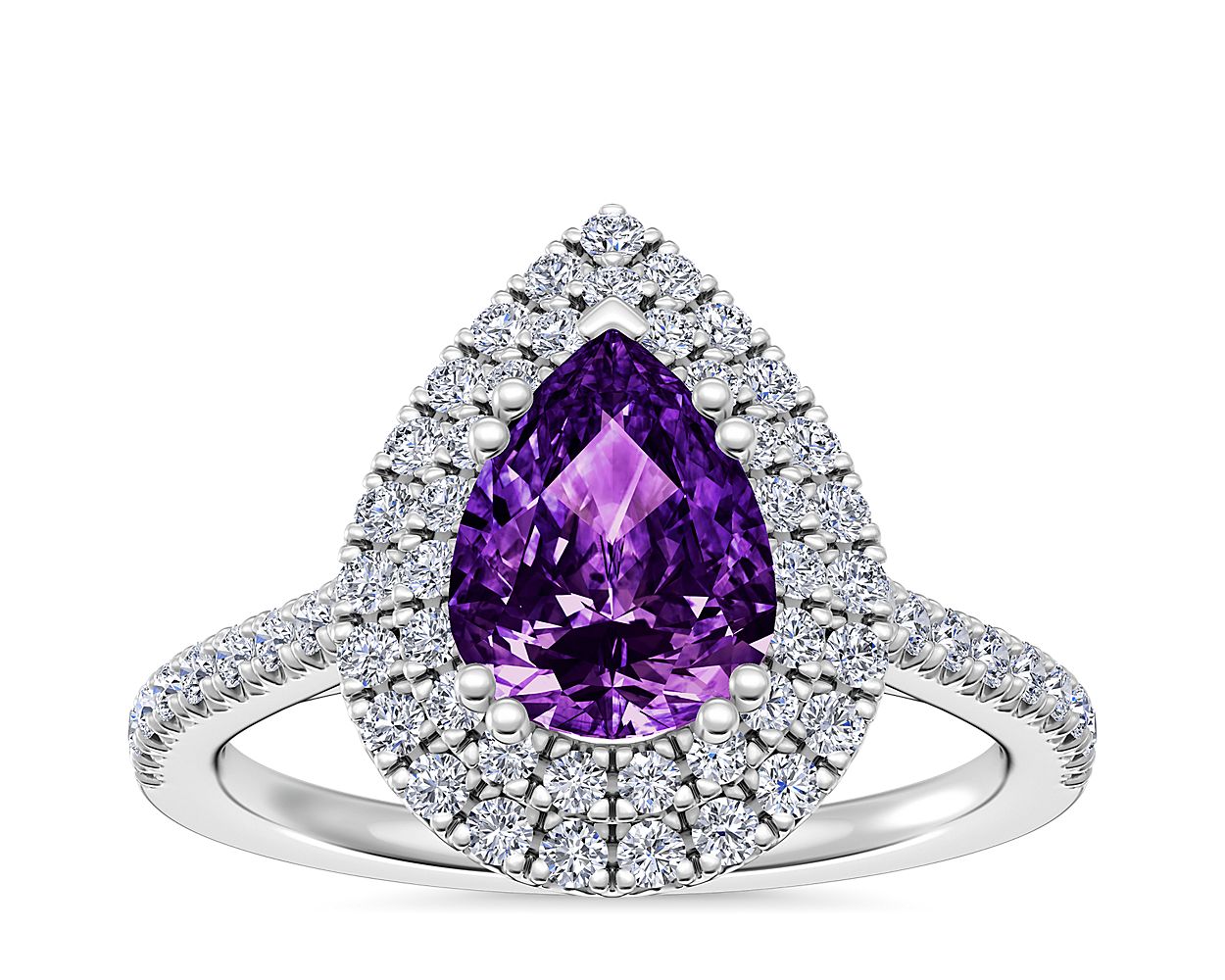 Micropavé Double Halo Diamond Engagement Ring With Pear Shaped Amethyst In Platinum 8x6mm