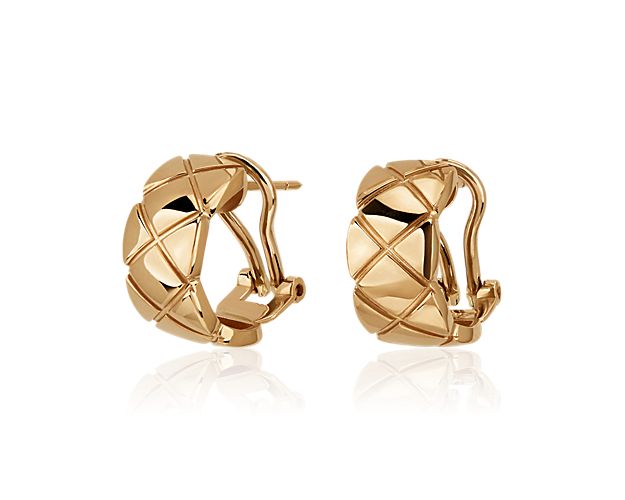 Made of 14k yellow gold, these quilted huggie earrings are a timeless classic.  Perfect for a transition from day to night, these earrings are always the right choice.