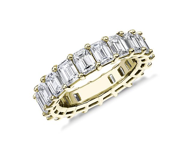 A continuous circle of emerald-cut diamonds gives this 6 ct. tw. eternity ring a modern sophistication. Works beautifully as a wedding ring or anniversary gift. Add it to a stack of other eternity rings for an on-trend right hand look.