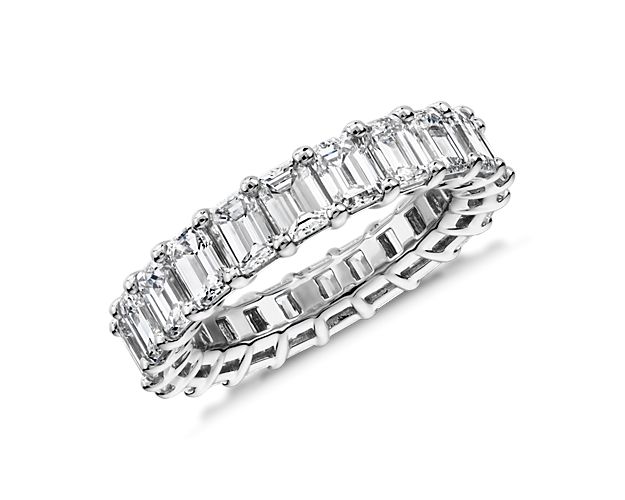 A continuous circle of emerald-cut diamonds gives this 5 ct. tw. eternity ring a modern sophistication. Works beautifully as a wedding ring or anniversary gift. Add it to a stack of other eternity rings for an on-trend right hand look.