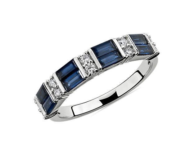 Brighten up an anniversary or any special occasion with this brilliant and fashionable gemstone-studded 14k white gold band. Eight baguette-shaped sapphire gems alternate with ten round-shaped diamonds, delivering beautiful blue and clear sparkle at every turn.