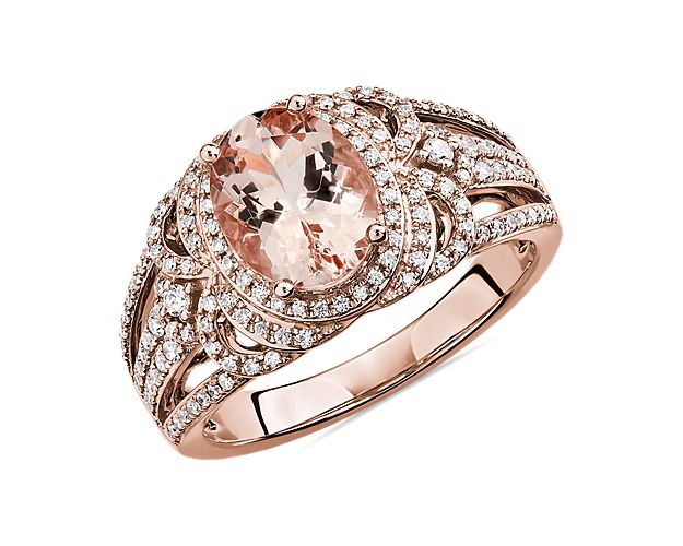 Oval Morganite Ring with Ornate Diamond Halo in 14k Rose Gold