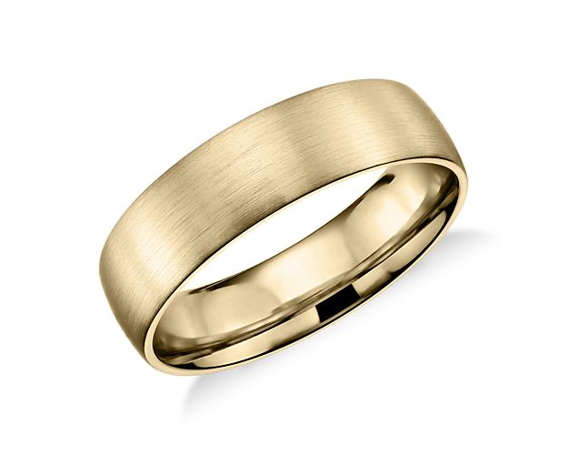 Simply classic, this 14k yellow gold wedding band features a low profile silhouette, modern brushed finish and a lighter overall weight for comfortable everyday wear.