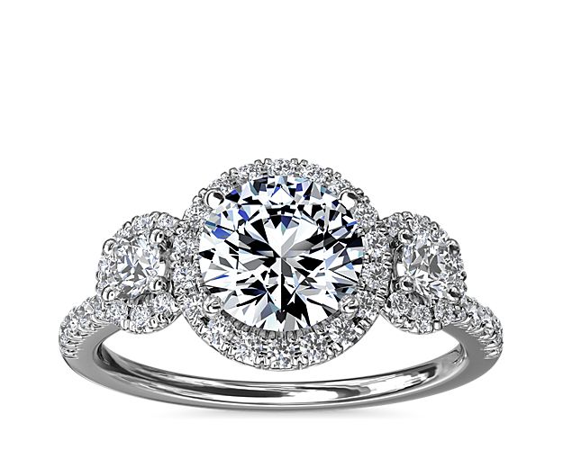 Three-Stone Halo Diamond Engagement Ring in 14k White Gold