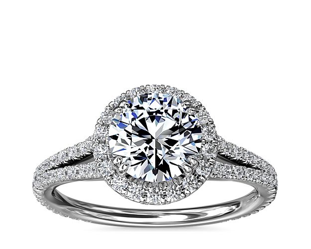 Split-Shank Diamond Halo Engagement Ring in 18k White Gold