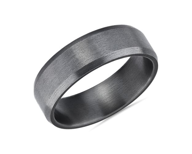 Beveled edges add an intriguing contrast to the satin finish of this durable tantalum wedding band that offers effortless wearability.