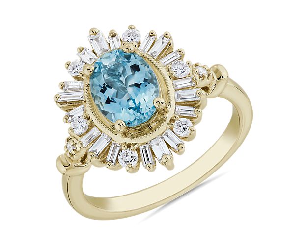 Oval Aquamarine with Baguette Halo Fashion Ring 14k Yellow Gold (6x8mm)