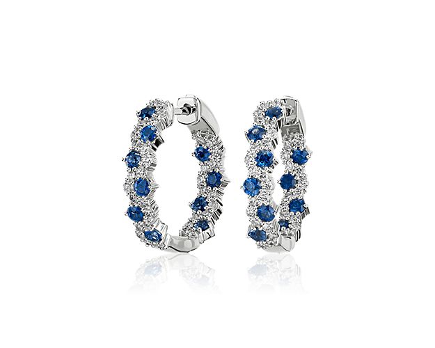 Staggered Sapphire and Diamond Hoop Earrings in 14k White Gold