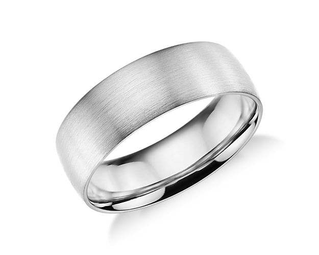 Simply classic, this 14k white gold wedding band features a low profile silhouette, modern brushed finish and a lighter overall weight for comfortable everyday wear.