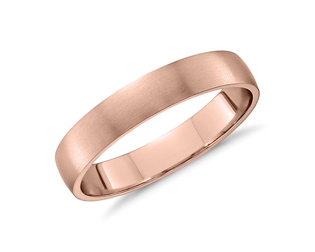 Simply classic, this 14k rose gold wedding band features a low profile silhouette, modern brushed finish and a lighter overall weight for comfortable everyday wear.