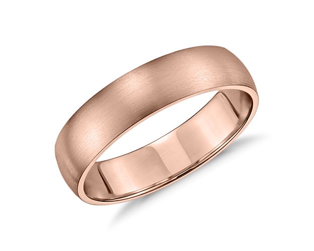 Simply classic, this 14k rose gold wedding band features a low profile silhouette, modern brushed finish and a lighter overall weight for comfortable everyday wear.