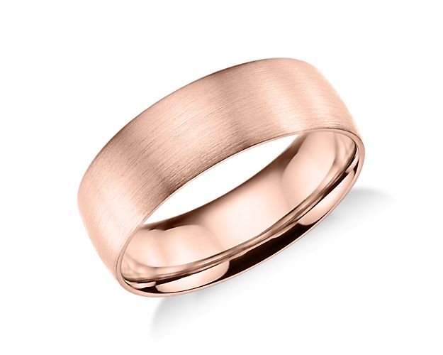 Simply classic, this 14k rose gold wedding band features a low profile silhouette, modern brushed finish and a lighter overall weight for comfortable everyday wear.