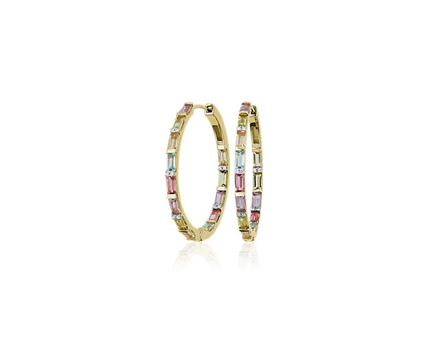 Elevate every day with these hoop earrings featuring a dazzling row of alternating pastel baguette gemstones and pavé-set diamonds. The 1.25’’ diameter hoops are subtle enough for weekday wear, yet stunning enough for weekend events.