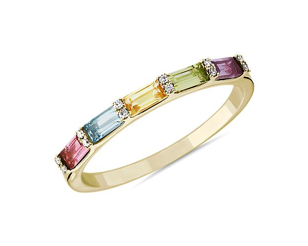 Pastel Multi Rainbow Gemstone and Diamond Ring in 14k Yellow Gold