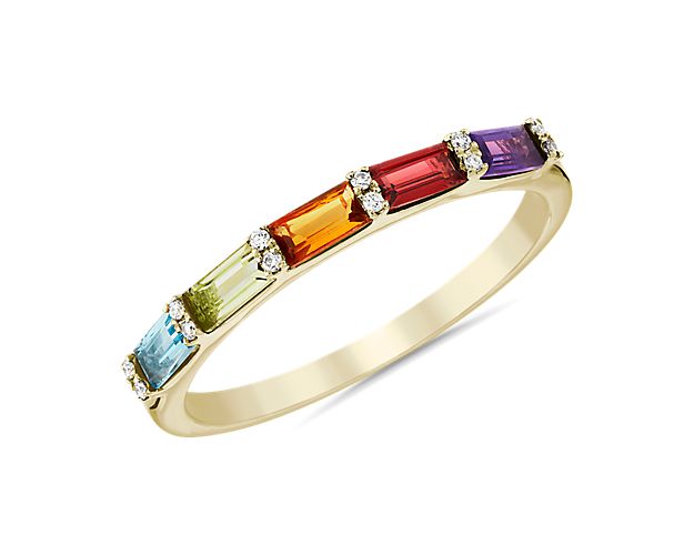 Vibrant in color, this gemstone ring features dark multi-colored gemstones pavé-set in 14k yellow gold. Just the right amount of color to add flair to any outfit.
