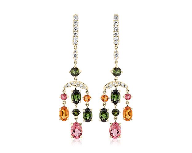 Colorful and unique, these gemstone and diamond earrings feature vibrant tourmaline and citrine stones beautifully set in 14k yellow gold.