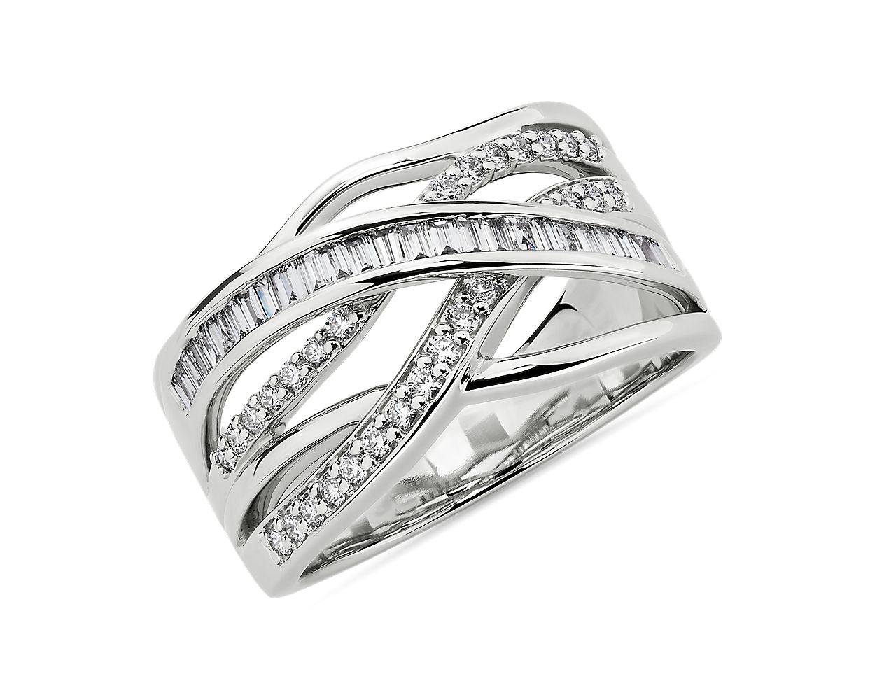 Round And Baguette Diamond Crossover Fashion Ring In 14k White Gold (1  