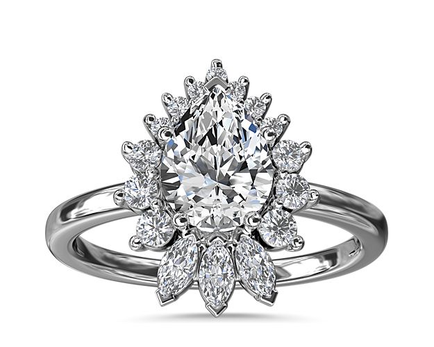 Pear Marquise and Round Ballerina Halo Diamond Engagement Ring in 14k White Gold