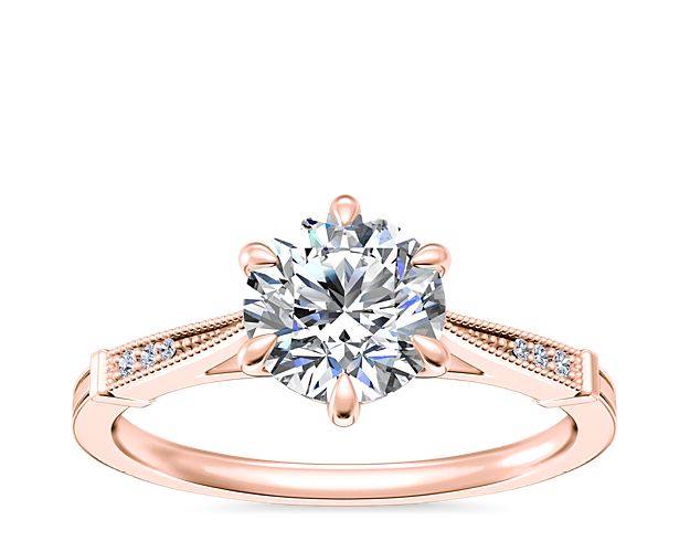 Six-Prong Vintage Milgrain and Diamond Engagement Ring in 14k Rose Gold