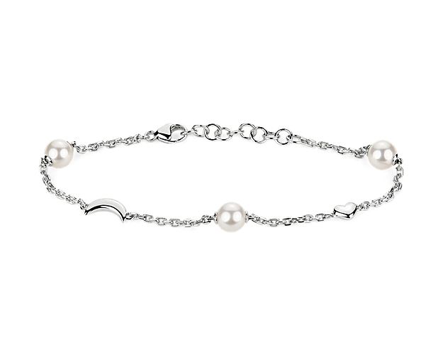7.25" Pearl, Moon, and Heart Charm Bracelet in Sterling Silver