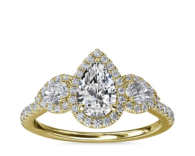 Three-Stone Pear Halo Diamond Engagement Ring in 14k Yellow Gold