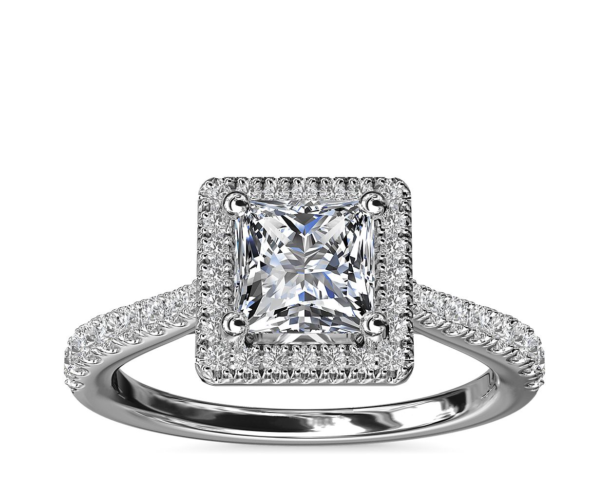 Princess Diamond Bridge Halo Diamond Engagement Ring in 14k White Gold ...