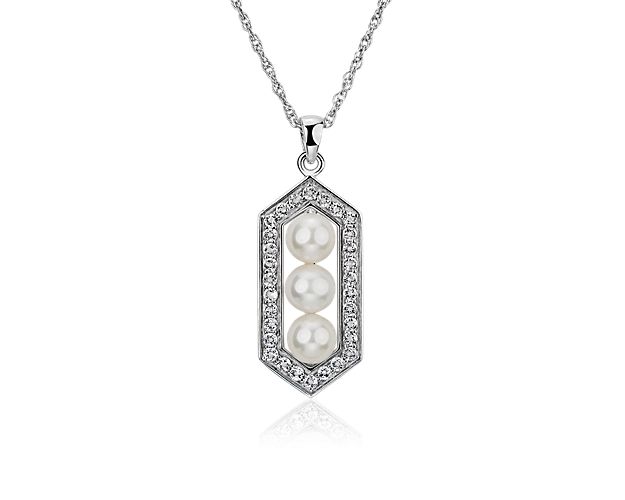 Freshwater Cultured Pearl and White Topaz Hexagon Halo Pendant in Sterling Silver (5-6mm)