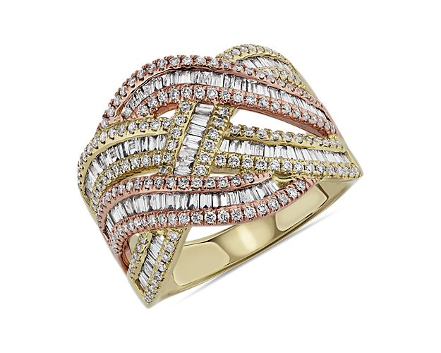 Round And Baguette Criss Cross Diamond Fashion Ring In 14k Yellow Gold And 14k Rose Gold (1 Ct. Tw)