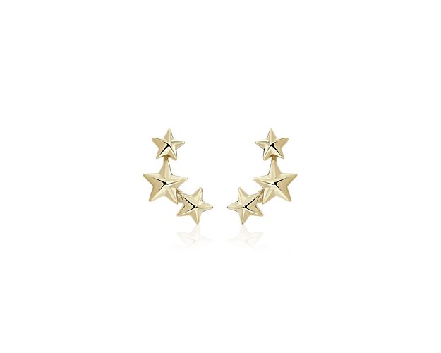 Three Star Ear Climber Stud Earrings in 14k Yellow Gold