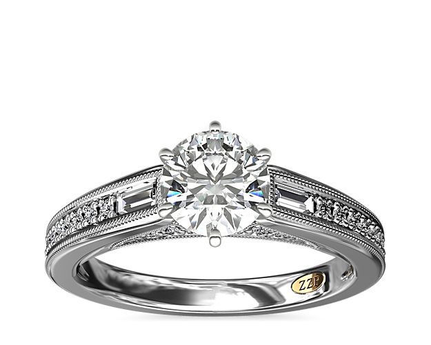 ZAC ZAC POSEN Art Deco Baguette and Round Diamond Engagement Ring with Milgrain Detail in 14k White Gold (1/4 ct. tw.)
