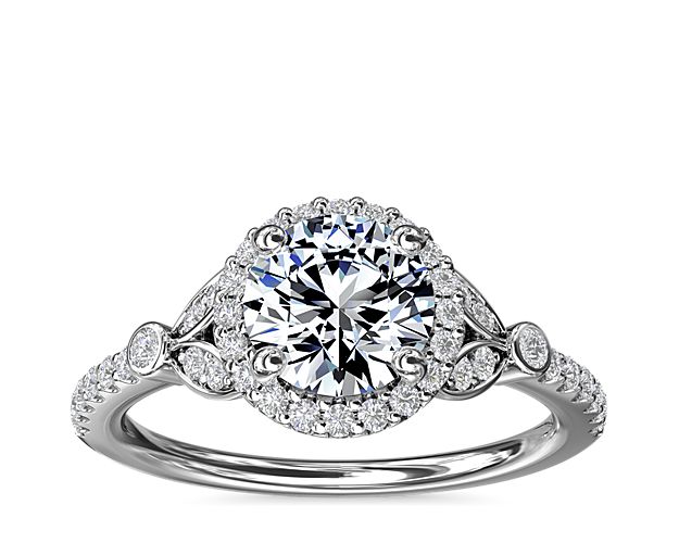 Petite Pavé Leaf Halo Diamond Engagement Ring in 14k White Gold (1/4 ct. tw.)